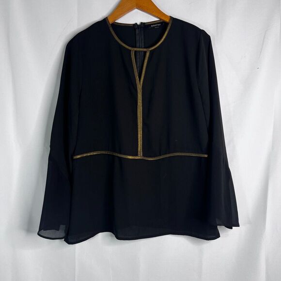 August Silk NWT Black Gold Trim Keyhole Bell Sleeve Silky Blouse Size Small - Picture 10 of 10